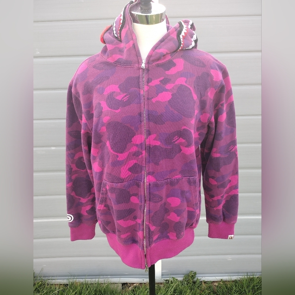BAPE camo shark full zip hoodie purple pink camo A Bathing Ape Size XL Womens